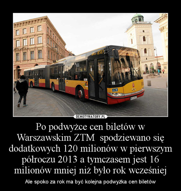 Po podwyżce cen biletów w Warszawskim ZTM  spodziewano się dodatkowych 120 milionów w pierwszym półroczu 2013 a tymczasem jest 16 milionów mniej niż było rok wcześniej