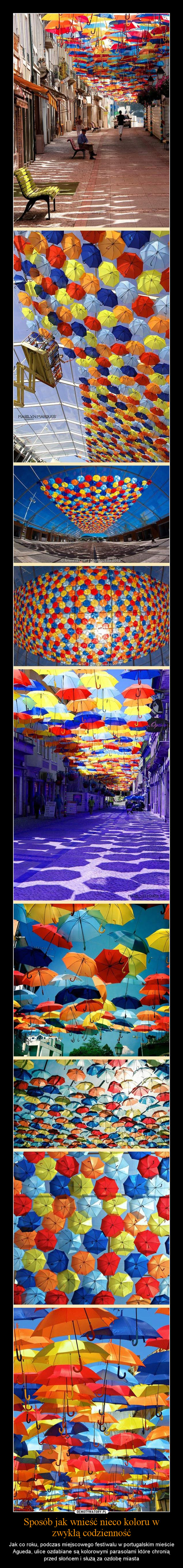 Sposób jak wnieść nieco koloru w zwykłą codzienność – Jak co roku, podczas miejscowego festiwalu w portugalskim mieście Agueda, ulice ozdabiane są kolorowymi parasolami które chronią przed słońcem i służą za ozdobę miasta 