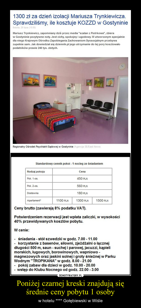 Poniżej czarnej kreski znajdują się średnie ceny pobytu 1 osoby – w hotelu **** Gołębiewski w Wiśle 