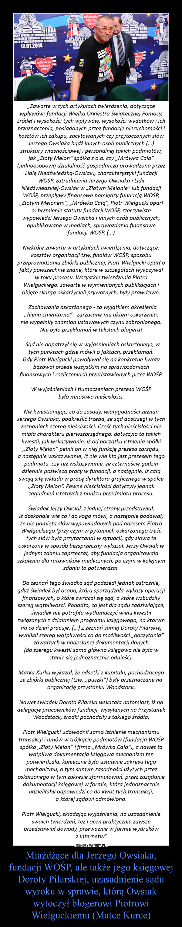 Miażdżące dla Jerzego Owsiaka, fundacji WOŚP, ale także jego księgowej Doroty Pilarskiej, uzasadnienie sądu wyroku w sprawie, którą Owsiak wytoczył blogerowi Piotrowi Wielguckiemu (Matce Kurce)