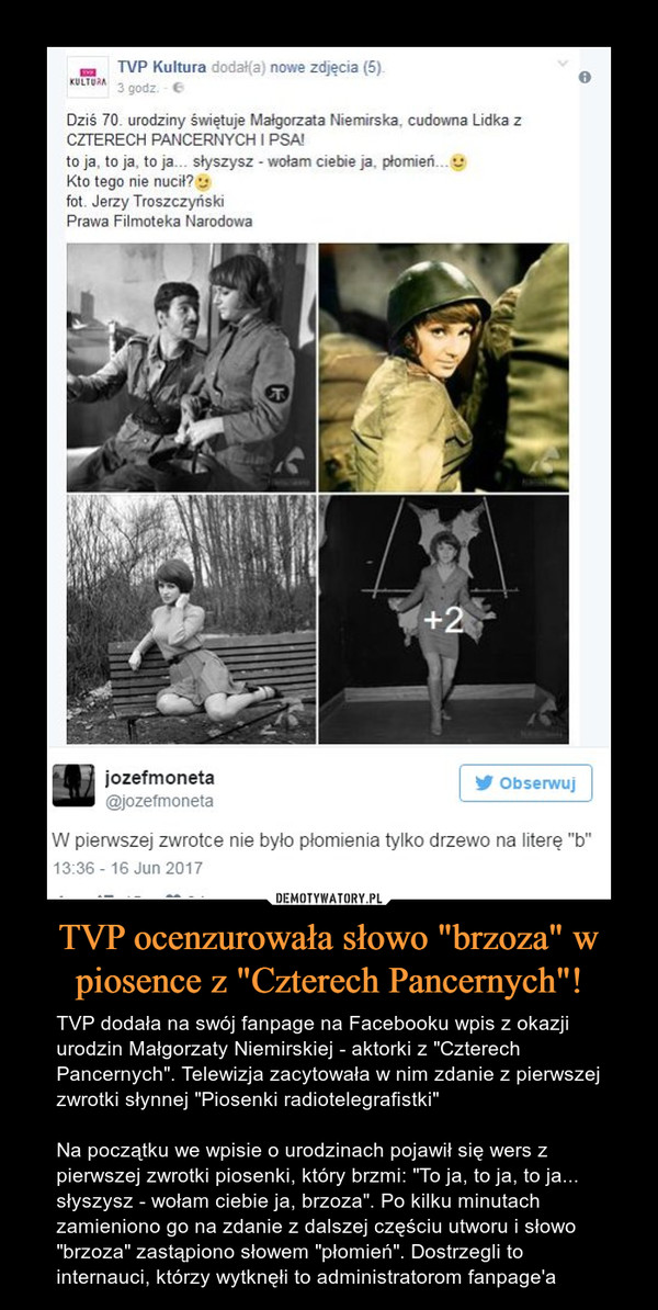 TVP ocenzurowała słowo "brzoza" w piosence z "Czterech Pancernych"!