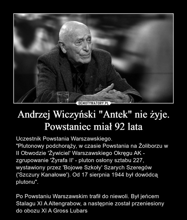 Andrzej Wiczyński "Antek" nie żyje. Powstaniec miał 92 lata