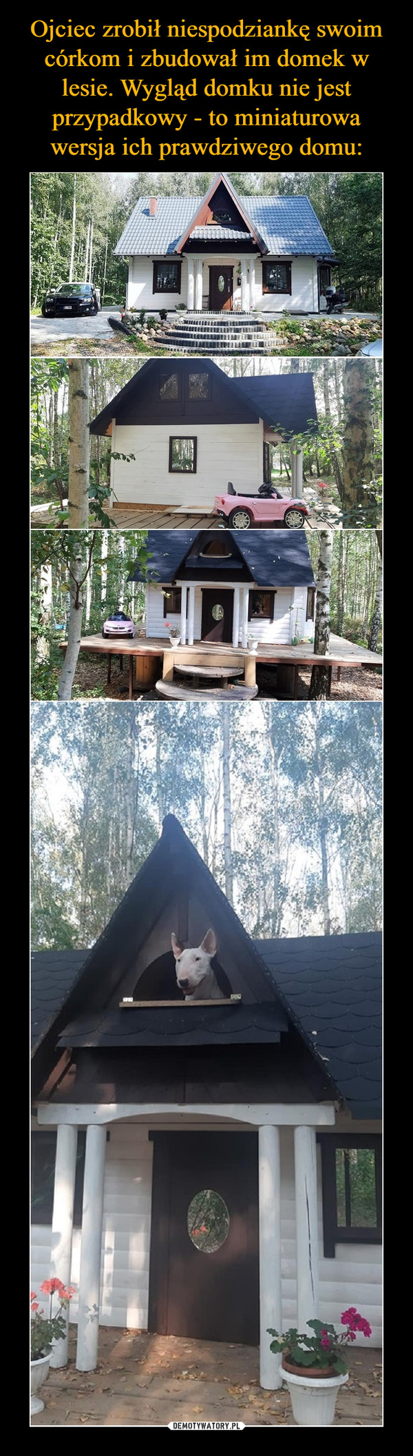 Ojciec zrobił niespodziankę swoim córkom i zbudował im domek w lesie. Wygląd domku nie jest przypadkowy - to miniaturowa wersja ich prawdziwego domu: