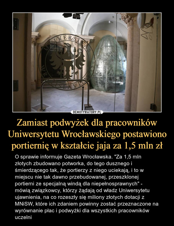 Zamiast podwyżek dla pracowników Uniwersytetu Wrocławskiego postawiono portiernię w kształcie jaja za 1,5 mln zł
