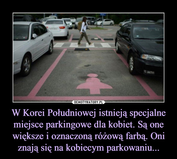 W Korei Południowej istnieją specjalne miejsce parkingowe dla kobiet. Są one większe i oznaczoną różową farbą. Oni znają się na kobiecym parkowaniu...