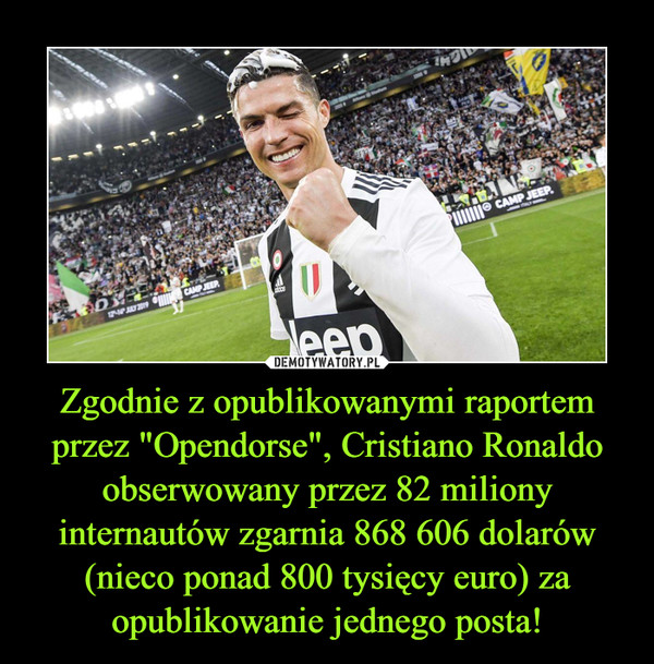 Zgodnie z opublikowanymi raportem przez "Opendorse", Cristiano Ronaldo obserwowany przez 82 miliony internautów zgarnia 868 606 dolarów (nieco ponad 800 tysięcy euro) za opublikowanie jednego posta!