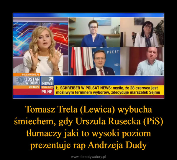 Tomasz Trela (Lewica) wybucha śmiechem, gdy Urszula Rusecka (PiS) tłumaczy jaki to wysoki poziom prezentuje rap Andrzeja Dudy –  