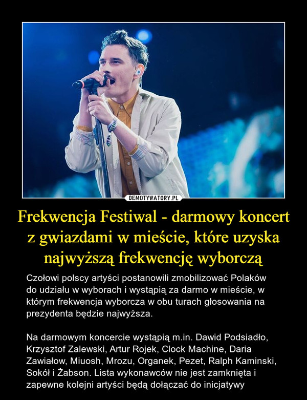 Frekwencja Festiwal - darmowy koncert z gwiazdami w mieście, które uzyska najwyższą frekwencję wyborczą