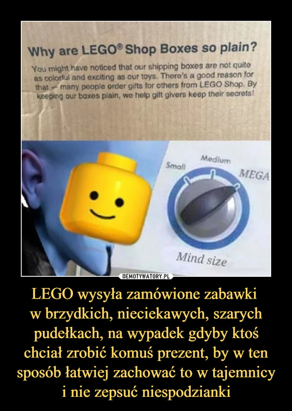 LEGO wysyła zamówione zabawki 
w brzydkich, nieciekawych, szarych pudełkach, na wypadek gdyby ktoś chciał zrobić komuś prezent, by w ten sposób łatwiej zachować to w tajemnicy
i nie zepsuć niespodzianki