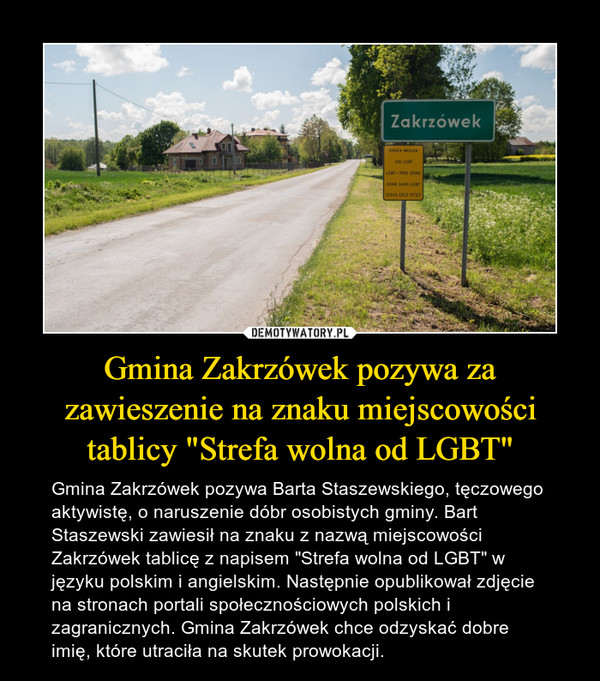 Gmina Zakrzówek pozywa za zawieszenie na znaku miejscowości tablicy "Strefa wolna od LGBT"