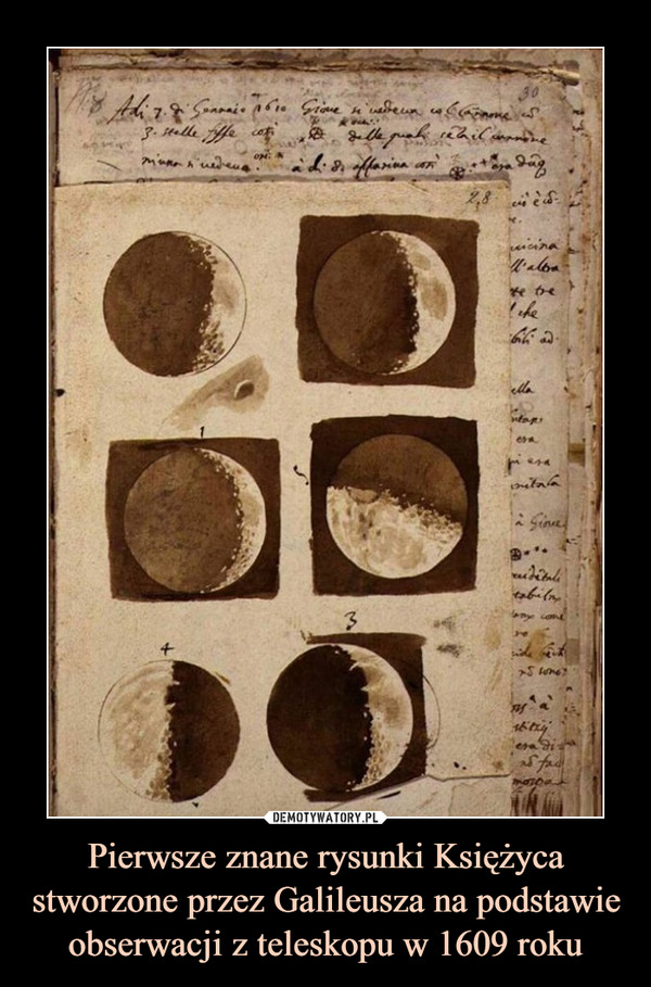 Pierwsze znane rysunki Księżyca stworzone przez Galileusza na podstawie obserwacji z teleskopu w 1609 roku –  