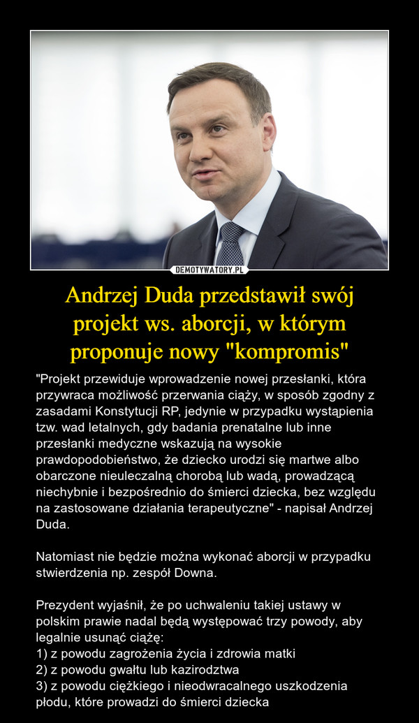 Andrzej Duda przedstawił swój
projekt ws. aborcji, w którym
proponuje nowy "kompromis"