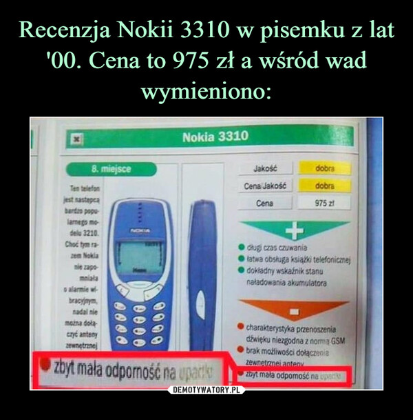 Recenzja Nokii 3310 w pisemku z lat '00. Cena to 975 zł a wśród wad wymieniono: