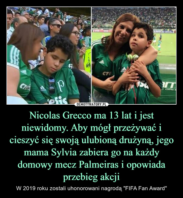 Nicolas Grecco ma 13 lat i jest niewidomy. Aby mógł przeżywać i cieszyć się swoją ulubioną drużyną, jego mama Sylvia zabiera go na każdy domowy mecz Palmeiras i opowiada przebieg akcji