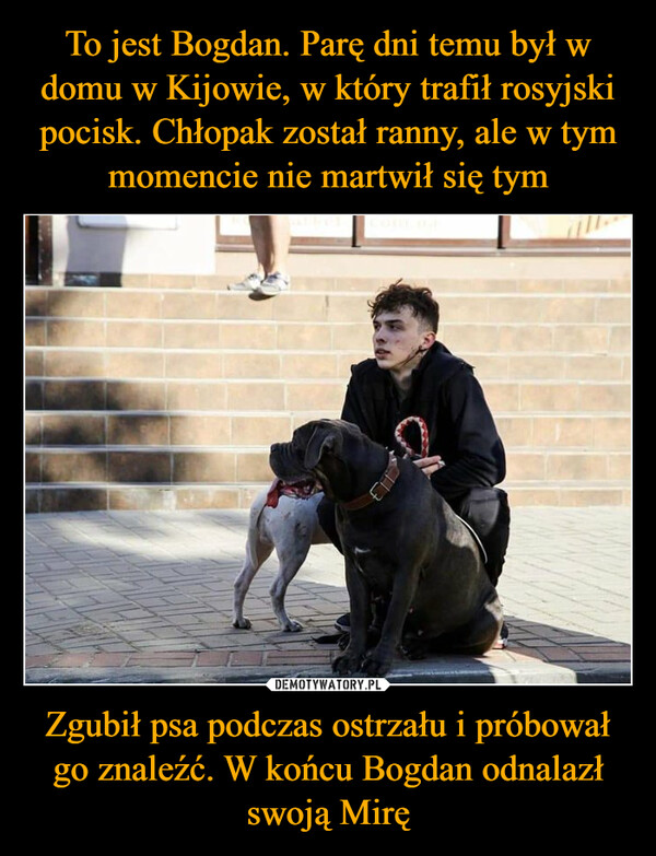To jest Bogdan. Parę dni temu był w domu w Kijowie, w który trafił rosyjski pocisk. Chłopak został ranny, ale w tym momencie nie martwił się tym Zgubił psa podczas ostrzału i próbował go znaleźć. W końcu Bogdan odnalazł swoją Mirę