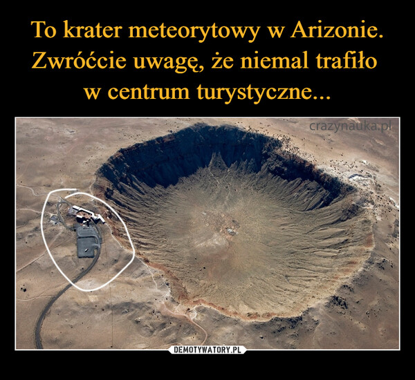 To krater meteorytowy w Arizonie. Zwróćcie uwagę, że niemal trafiło 
w centrum turystyczne...