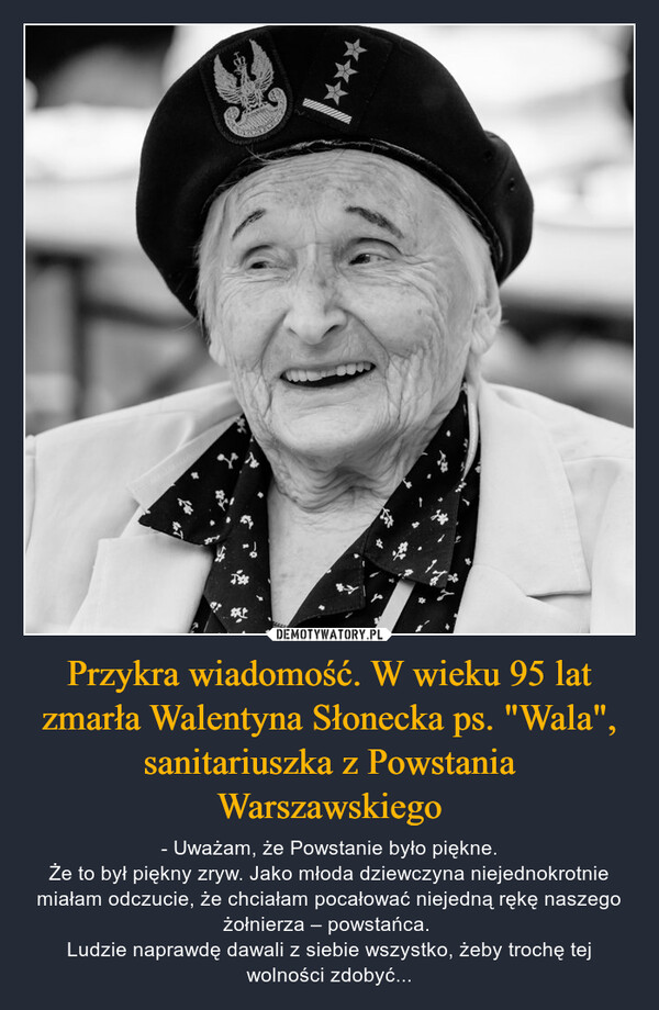 Przykra wiadomość. W wieku 95 lat zmarła Walentyna Słonecka ps. "Wala", sanitariuszka z Powstania Warszawskiego
