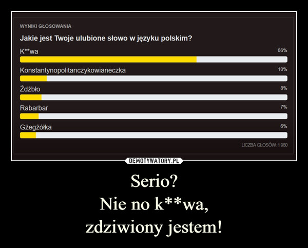 Serio?Nie no k**wa,zdziwiony jestem! –  WYNIKI GŁOSOWANIAJakie jest Twoje ulubione słowo w języku polskim?K**waKonstantynopolitanczykowianeczkaźdźbłoRabarbarGżegżółka66%10%8%7%6%LICZBA GŁOSÓW: 1960