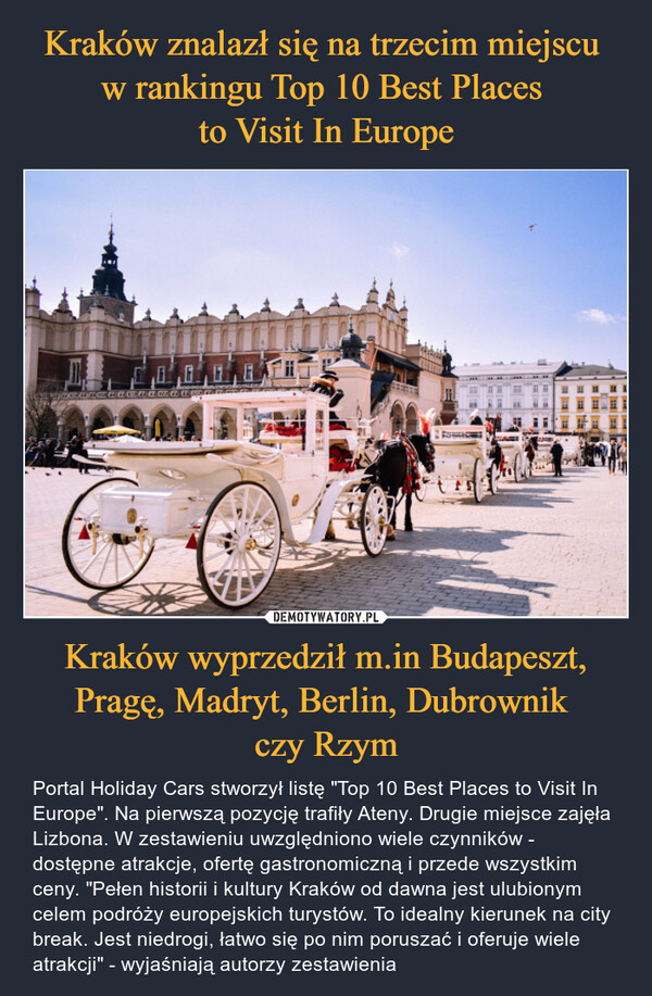 Kraków znalazł się na trzecim miejscu 
w rankingu Top 10 Best Places 
to Visit In Europe Kraków wyprzedził m.in Budapeszt, Pragę, Madryt, Berlin, Dubrownik 
czy Rzym
