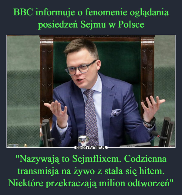 BBC informuje o fenomenie oglądania posiedzeń Sejmu w Polsce "Nazywają to Sejmflixem. Codzienna transmisja na żywo z stała się hitem. Niektóre przekraczają milion odtworzeń"