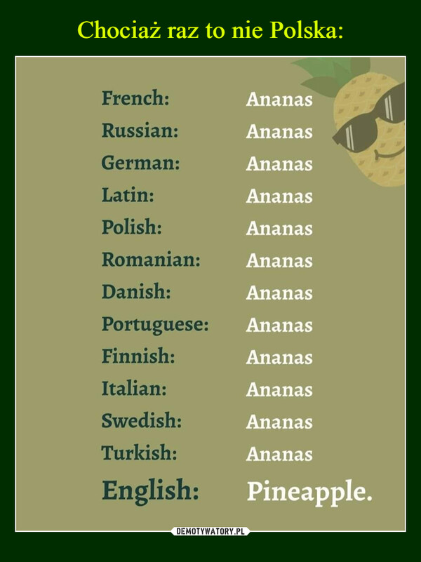  –  French:Russian:German:Latin:Polish:Romanian:Danish:AnanasAnanasAnanasAnanasAnanasAnanasAnanasAnanasAnanasAnanasAnanasAnanasPortuguese:Finnish:Italian:Swedish:Turkish:English: Pineapple.