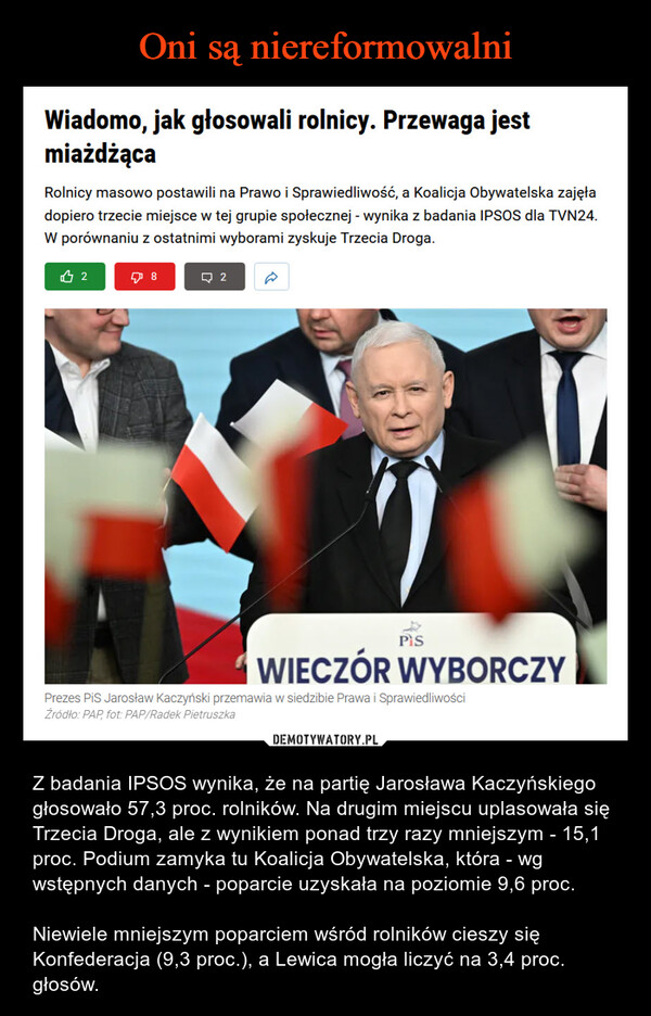  – Z badania IPSOS wynika, że na partię Jarosława Kaczyńskiego głosowało 57,3 proc. rolników. Na drugim miejscu uplasowała się Trzecia Droga, ale z wynikiem ponad trzy razy mniejszym - 15,1 proc. Podium zamyka tu Koalicja Obywatelska, która - wg wstępnych danych - poparcie uzyskała na poziomie 9,6 proc.Niewiele mniejszym poparciem wśród rolników cieszy się Konfederacja (9,3 proc.), a Lewica mogła liczyć na 3,4 proc. głosów. Wiadomo, jak głosowali rolnicy. Przewaga jestmiażdżącaRolnicy masowo postawili na Prawo i Sprawiedliwość, a Koalicja Obywatelska zajęładopiero trzecie miejsce w tej grupie społecznej - wynika z badania IPSOS dla TVN24.W porównaniu z ostatnimi wyborami zyskuje Trzecia Droga.278Q2PiSWIECZÓR WYBORCZYPrezes PiS Jarosław Kaczyński przemawia w siedzibie Prawa i SprawiedliwościŹródło: PAP, fot: PAP/Radek Pietruszka